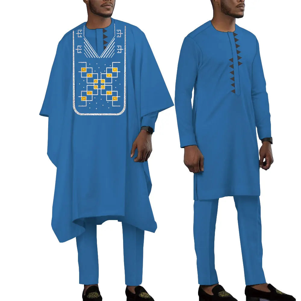 Terno bordado de manga comprida africano masculino, calças e blusões casuais empresariais Dashiki, conjunto de 3 peças, WYN1643