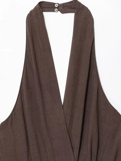 Moda feminina halter pescoço macacão sem costas zíper lateral playsuit fivela detalhe roupas femininas