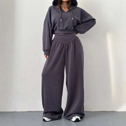 Conjuntos de Calças Casuais Confortáveis para Mulheres, Estilo Esportivo, Moletom Curto com Capuz, Calças de Cintura Alta, Conjunto de Duas Peças, Moda de Rua Feminina
