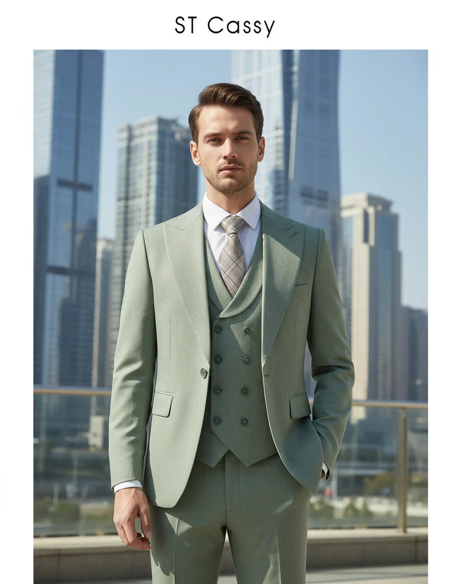 Conjunto de Terno Masculino ST Cassy Novo Estilo Fino de Três Peças Verde Slim Fit Formal para Escritório (jaqueta+colete+calças)