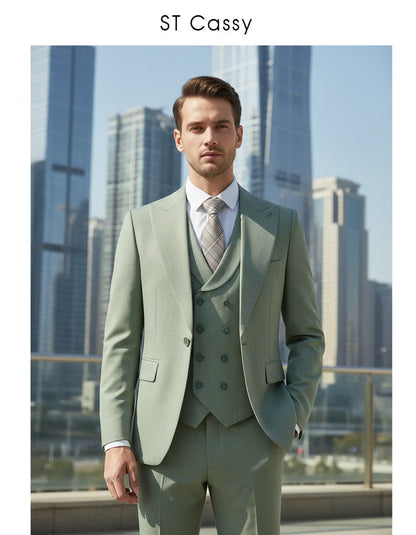Conjunto de Terno Masculino ST Cassy Novo Estilo Fino de Três Peças Verde Slim Fit Formal para Escritório (jaqueta+colete+calças)