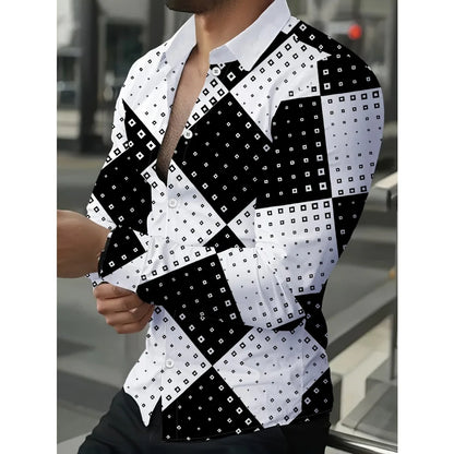 Camisas masculinas retrô com estampa geométrica 3D, manga comprida, elegantes, pretas e brancas, com blocos de cores, slim fit, casual, versátil.