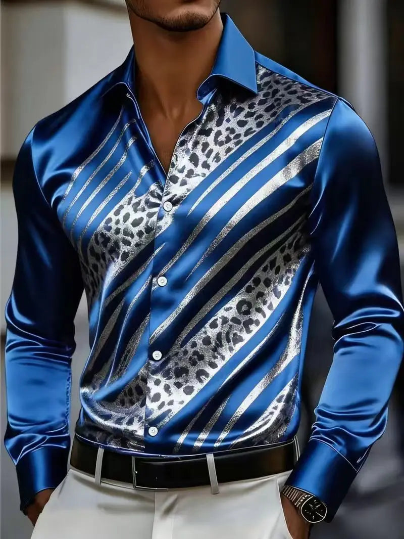 Nova camisa masculina estilosa com estampa 3D de chamas, design casual com botões e manga comprida.