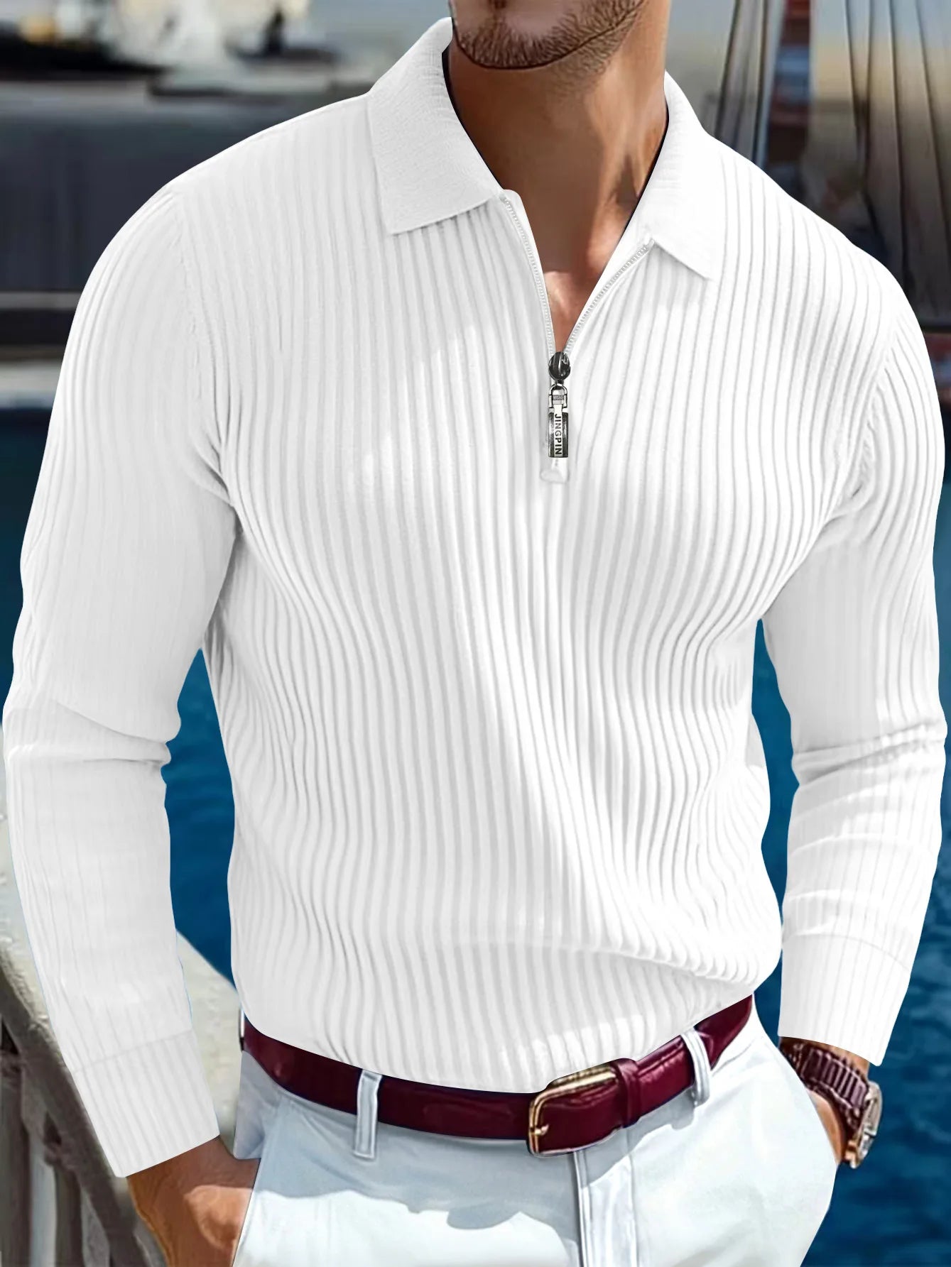 2025 primavera e outono novos homens cor sólida listrado botão gola de malha manga longa topo negócios casual respirável camisa polo