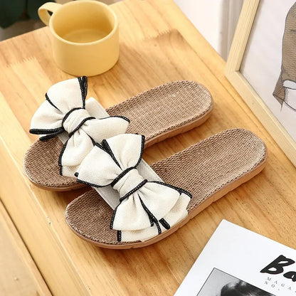 Chinelo feminino casual de verão, confortável, em linho listrado com laço, sandália plataforma, ideal para uso interno.