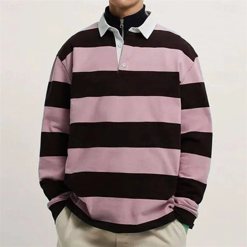 Simple Fashion Striped Polo Shirts For Men Casual Autumn Long Sleeve 3D Printed Golf Polo Shirt Loose Comfortable Lapel Tops