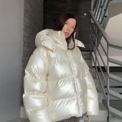 Moda com capuz recortado jaqueta acolchoada para mulheres casual sólido zíper bolso casaco de grandes dimensões senhora 2025 inverno rua quente outerwear