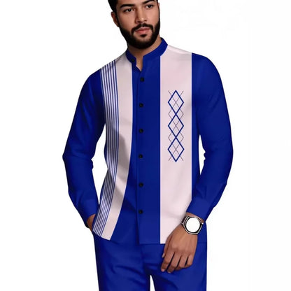 Camisa Masculina de Manga Longa com Gola Mandarim e Estampa Listrada de Diamante, Blusa Casual com Botões