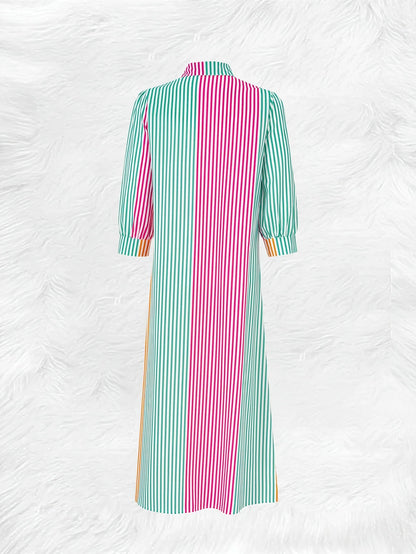 Vestido Camisa Feminino com Estampa de Listras Coloridas e Botões, Vestido Maxi com Mangas Bufantes