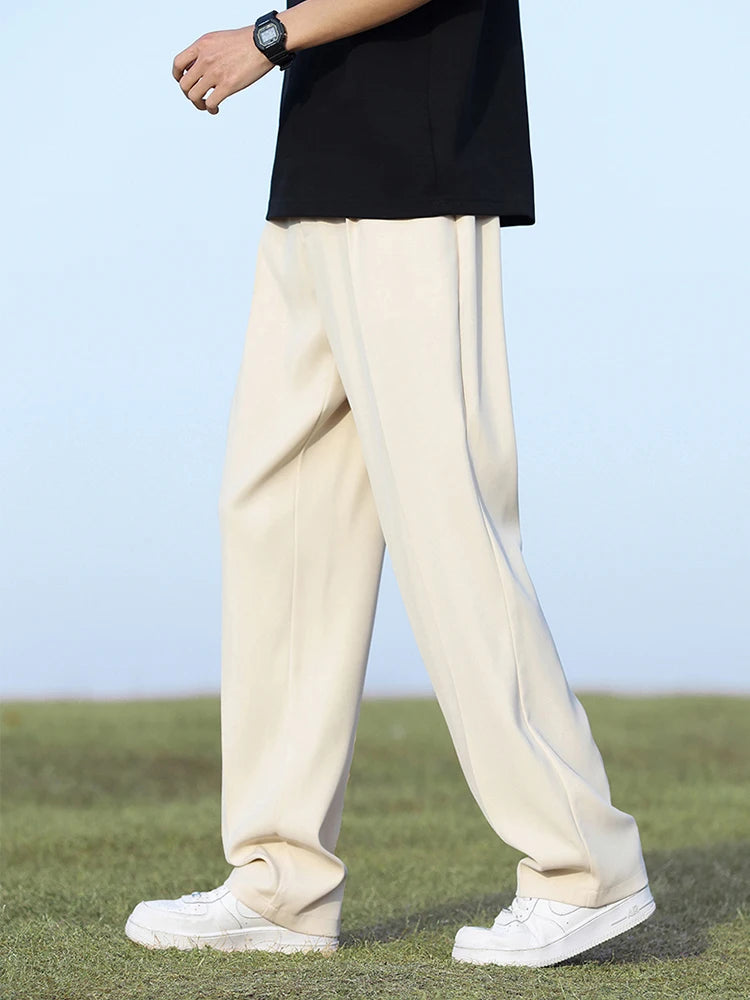 Summer Korean Men's Pants Light&Thin Polyester Elastic Waist Semi-Wide Loose Slacks Drape Suit Pants Male Casual Trousers