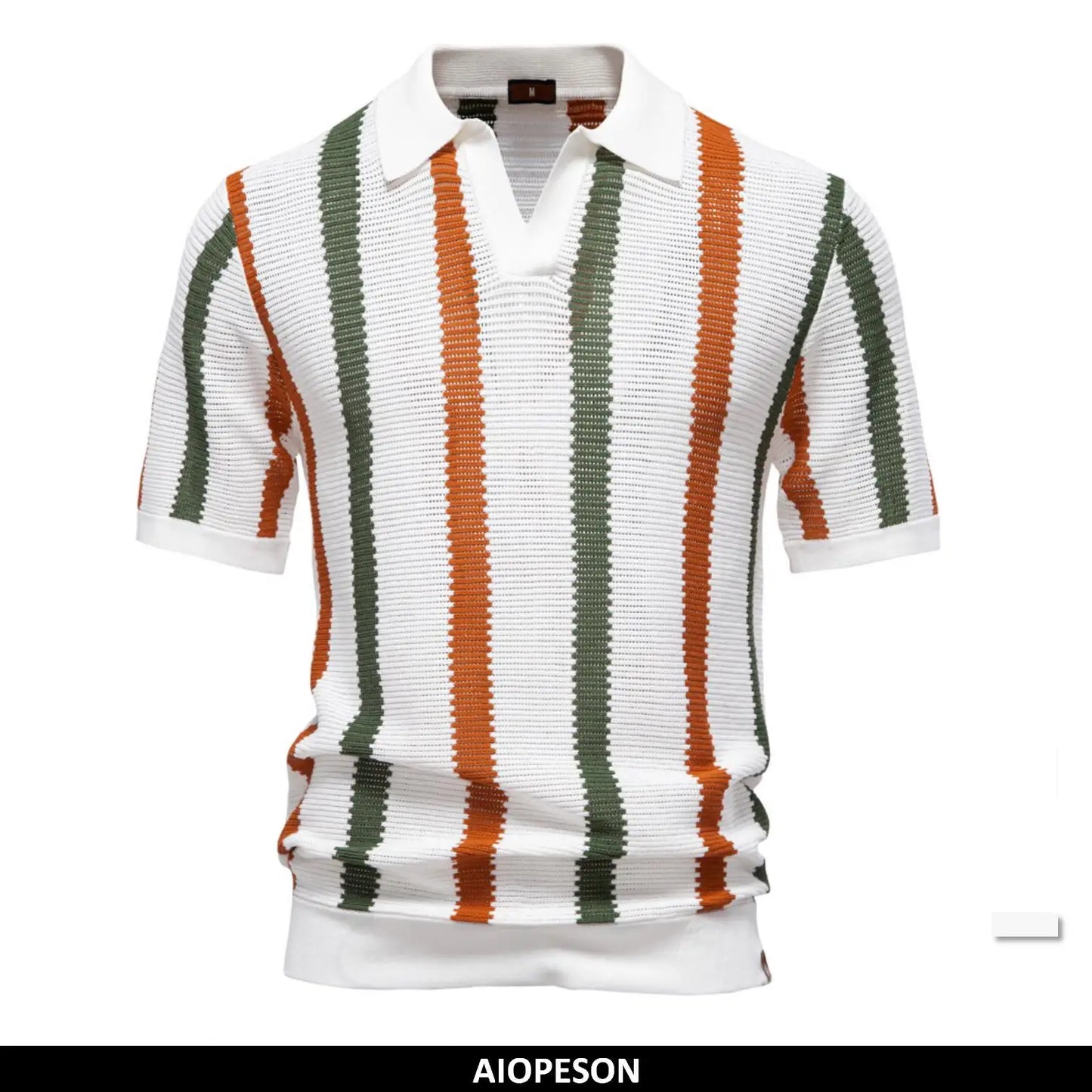 AIOPESON Men's Ribbed Knit Polo Shirt For Breathable Striped Casual Wear with Comfortable Collar High quality Male Polo Shirt