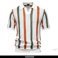 AIOPESON Men's Ribbed Knit Polo Shirt For Breathable Striped Casual Wear with Comfortable Collar High quality Male Polo Shirt