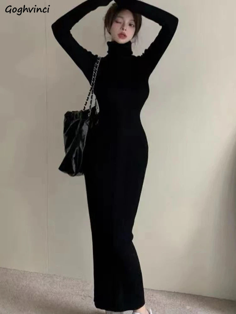 Gola alta vestidos pretos femininos sólidos magros roupas femininas outono tornozelo comprimento bodycon manga longa sexy quente moda trompete
