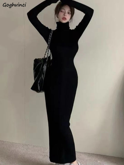 Gola alta vestidos pretos femininos sólidos magros roupas femininas outono tornozelo comprimento bodycon manga longa sexy quente moda trompete