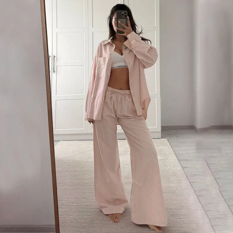 DSMTRC Women Casual Blue Stripe Loose Suits Buttons Shirt + Drawstring Pant 2025 New Summer Fashion Holidays Simple Stylish Sets