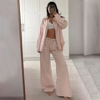 DSMTRC Women Casual Blue Stripe Loose Suits Buttons Shirt + Drawstring Pant 2025 New Summer Fashion Holidays Simple Stylish Sets