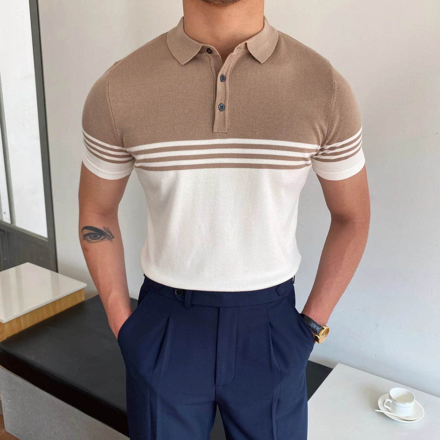 Camisa polo de manga curta de malha masculina, blusa casual de negócios, polo Slim Fit, primavera verão, camiseta listrada moda, camiseta com gola polo, malhas