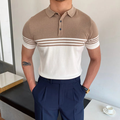 Camisa polo de manga curta de malha masculina, blusa casual de negócios, polo Slim Fit, primavera verão, camiseta listrada moda, camiseta com gola polo, malhas