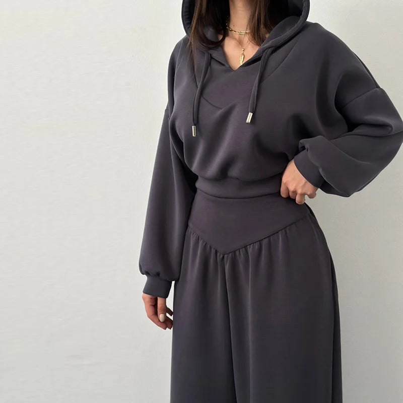 Casual azul escuro recortado calças com capuz conjunto feminino solto curto pulôver cintura alta calças de perna larga 2 peça conjunto 2026 femmes outfit