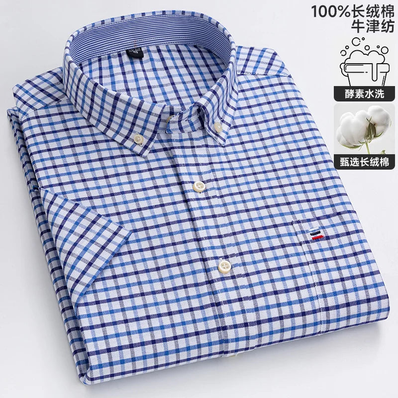 100% algodão puro oxford camisas masculinas manga curta xadrez macio regular ajuste formal vestido camisa blusa social roupas masculinas 6xl 7xl