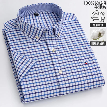 100% algodão puro oxford camisas masculinas manga curta xadrez macio regular ajuste formal vestido camisa blusa social roupas masculinas 6xl 7xl