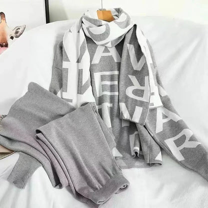 Casual malha outono inverno feminino 2 peça conjunto tornozelo comprimento calças de perna larga terno coreia carta impressão camisola topos cachecol conjunto
