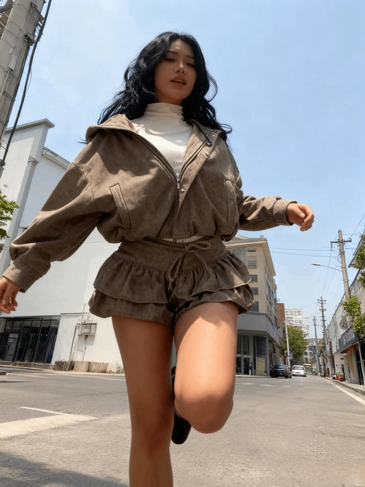 Conjuntos femininos de rua espinha de peixe sarja jaqueta feminina bainha elástica arco sólido empilhado onda h em vestido feminino casual chique terno senhoras