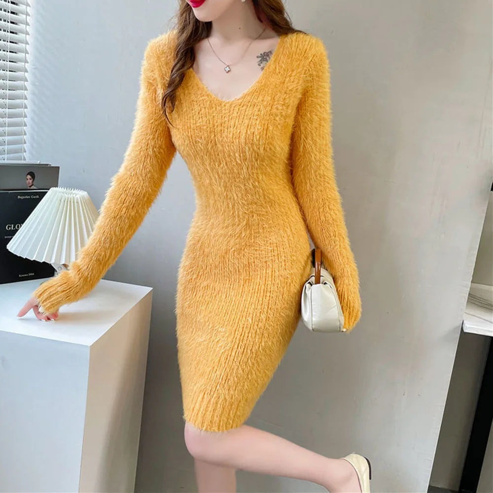 2023new vison veludo vestido de malha feminina outono inverno elástico fino camisola de fundo manga longa com decote em v senhora do escritório vestido elegante