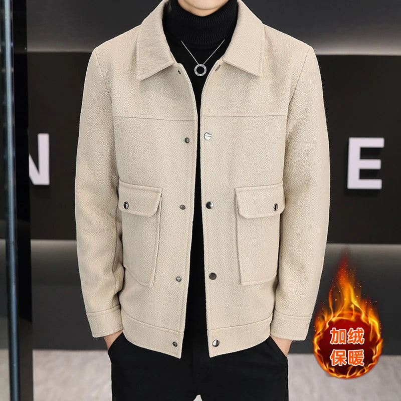 Outono inverno cor sólida jaqueta de lã para homens fino ajuste manga longa casual lã mistura jaquetas social streetwear casaco M-4XL