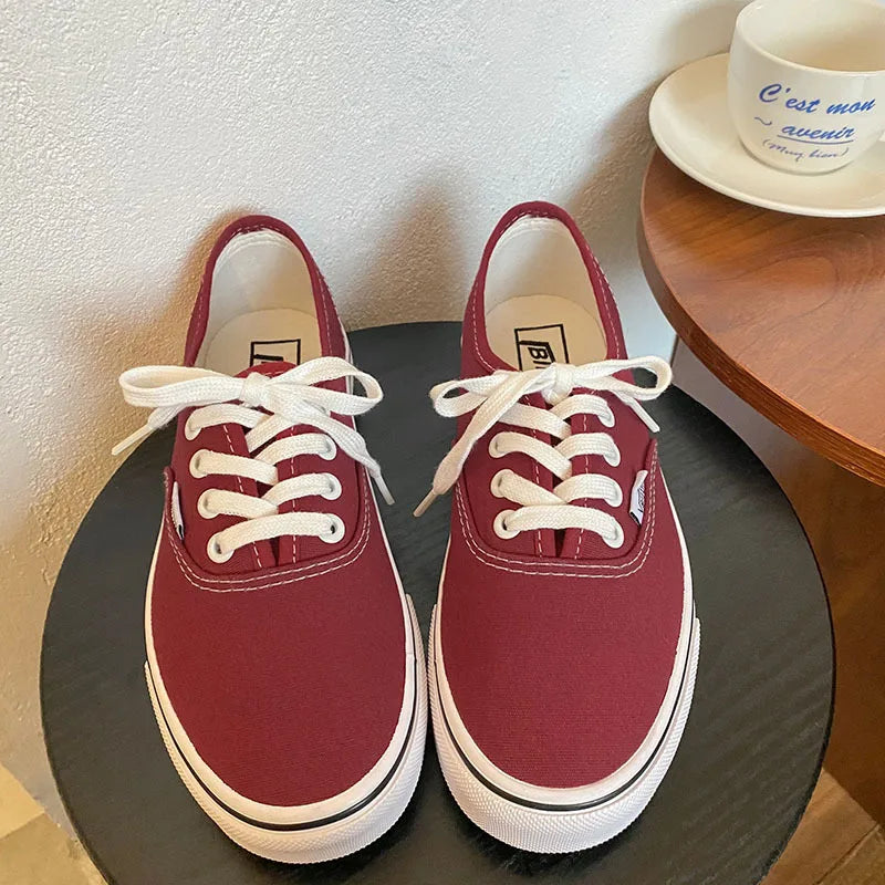 Casual apartamentos tênis de lona feminino ao ar livre cor sólida rasa sapatos esportivos tênis feminino streetwear rendas até sapatos vulcanizados