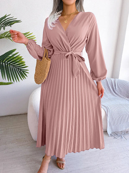 Vestido maxi feminino elegante com decote em V e manga comprida plissado