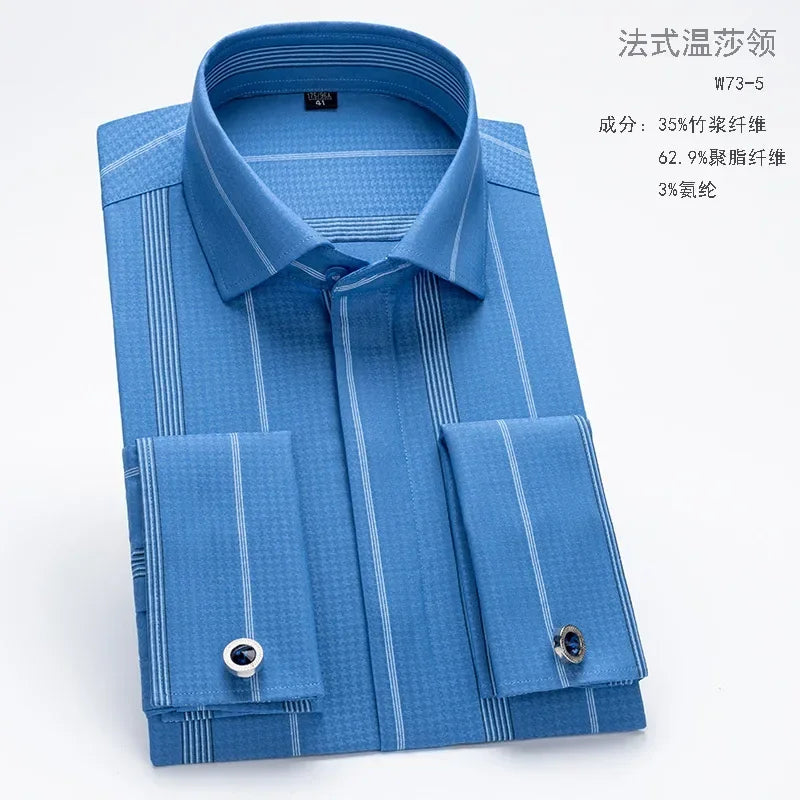2024 nicho chique manga dupla dobrada gola windsor negócios camisa de manga comprida vestido masculino de alta qualidade aleatório abotoaduras francesas