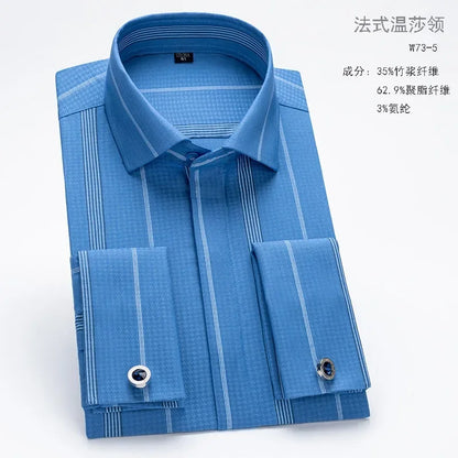 2024 nicho chique manga dupla dobrada gola windsor negócios camisa de manga comprida vestido masculino de alta qualidade aleatório abotoaduras francesas