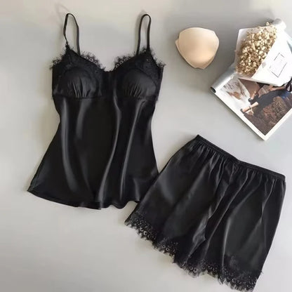 Mulheres pijama terno moda com decote em v estiramento cetim babydoll renda lingerie sexy bowknot pijamas sono shorts conjunto pijamas novo
