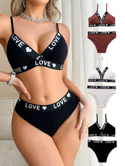 Conjunto de calcinha feminina de algodão com estampa de letras, bojo removível, sem aro e efeito push-up, de 1 a 3 peças. Macia e sexy.