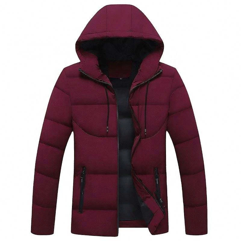 Men's Winter Hooded Puffer Jacket Standard Polyester Filled Windproof Zipper Closure Casual Style Slim Fit Solid Color 220g