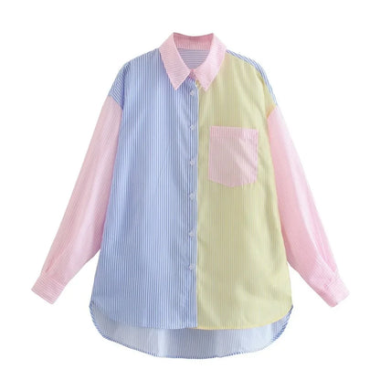 Camisa Feminina Casual de Manga Longa com Gola e Botões, Estampa Listrada em Blocos de Cores Pastel, Blusa Túnica para o Dia a Dia