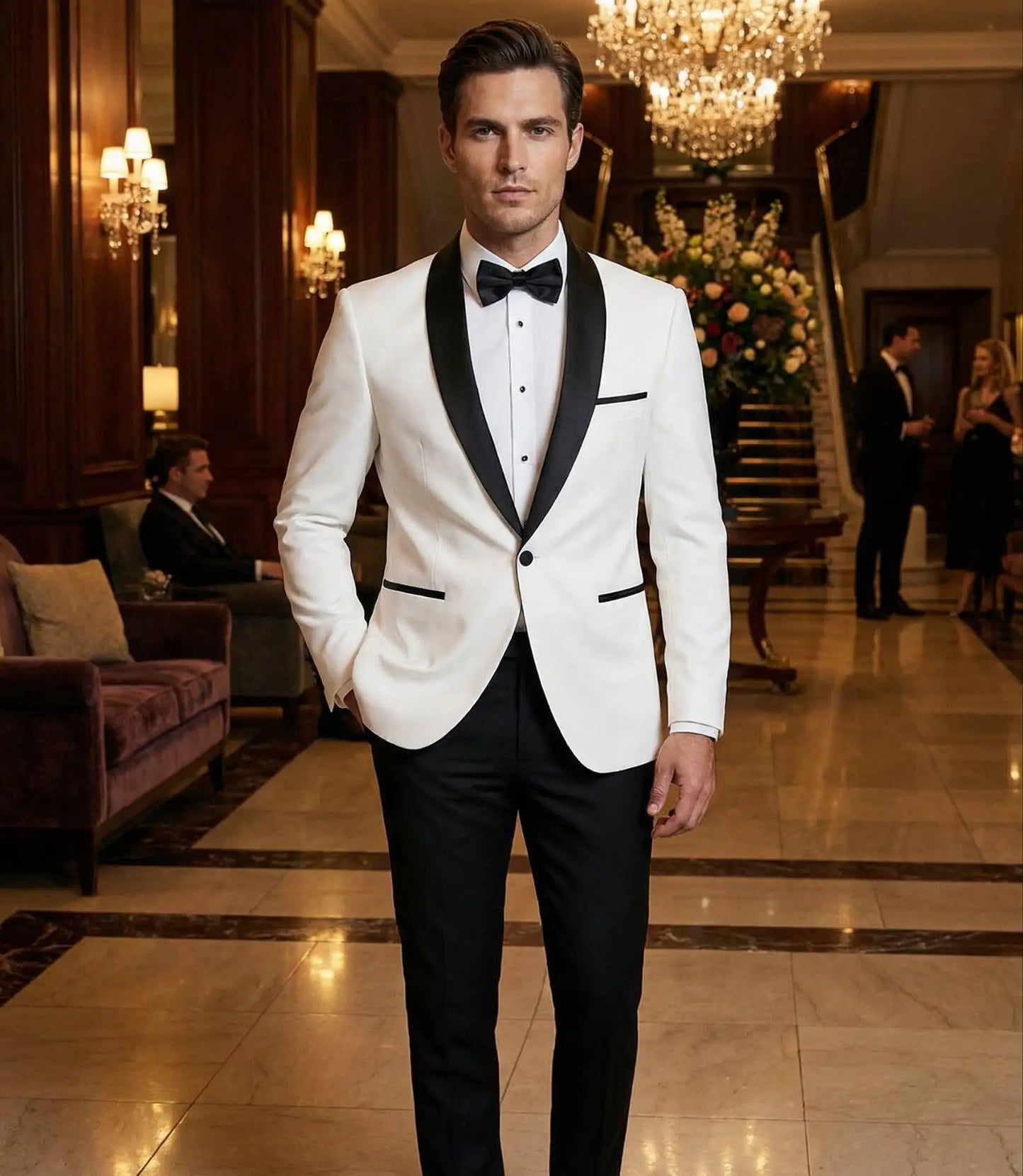 Elegante Terno Masculino Branco Slim-Fit de Duas Peças com Jaqueta de Botão Único e Calça para Casamento, Festa e Negócios