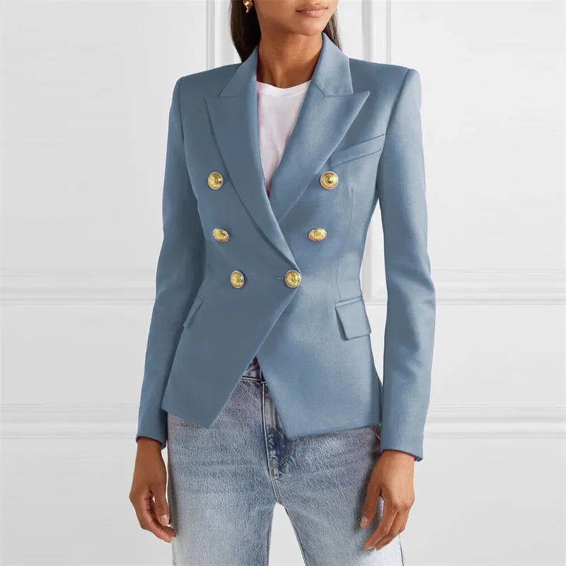 Blazer feminino de alfaiataria, modelo slim, estilo europeu/americano, para primavera/outono, com abotoamento duplo.