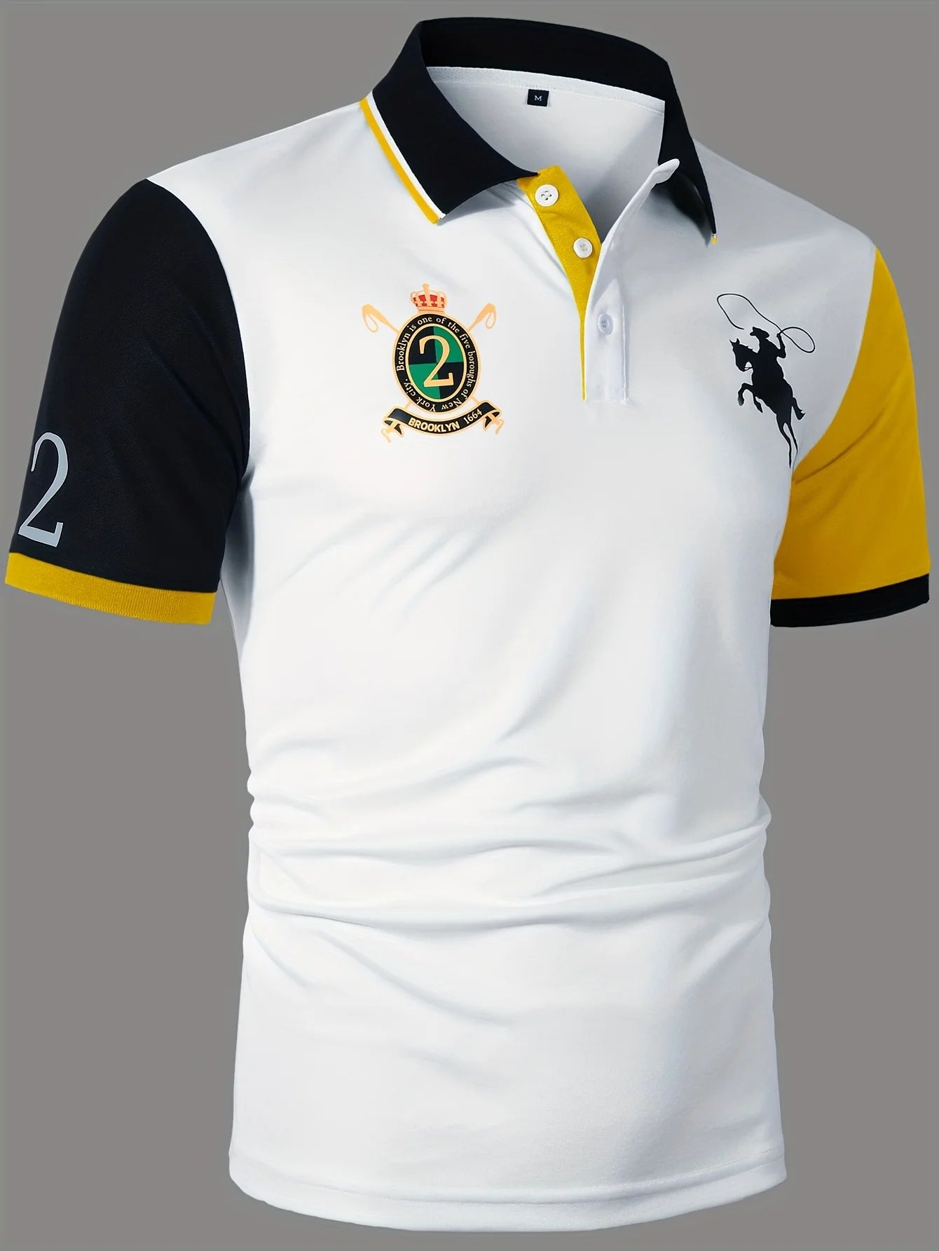 2026 Men's Fashion Polo Shirt | Brooklyn 1664 Emblem & Cowboy Print | Color Block Short Sleeve Casual Golf Top for Summer