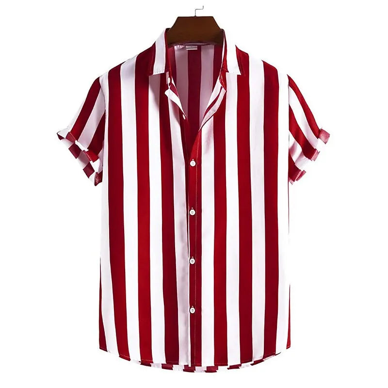 Listrado simples camisa masculina casual solto lapela cardigan topo tamanho grande camisa de manga curta masculina high-end confortável e simples