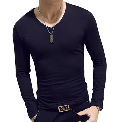 Camiseta masculina de manga comprida com estampa "Cultive a Moralidade" para a Primavera e o Outono, gola redonda, em poliéster liso, nas cores vermelho, azul e preto.