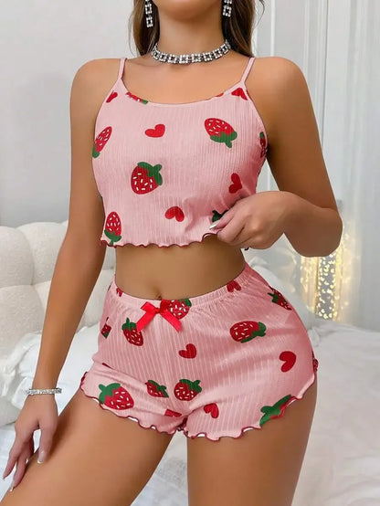Conjunto de Pijama Feminino 2 Peças com Estampa de Morango de Verão, Roupa de Dormir Casual, Top Cropped com Alças e Shorts, Confortável para Usar em Casa