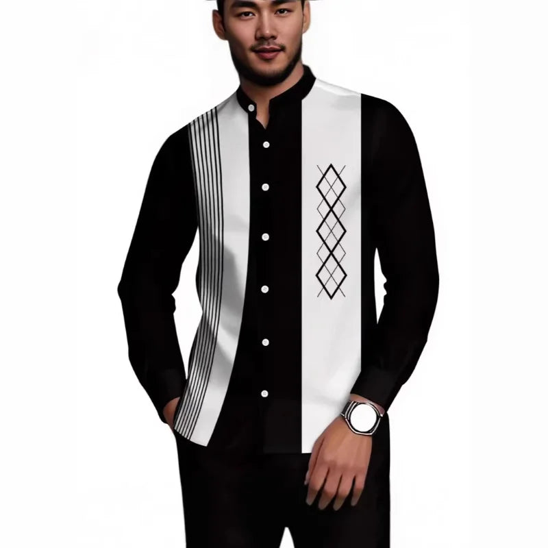 Camisa Masculina de Manga Longa com Gola Mandarim e Estampa Listrada de Diamante, Blusa Casual com Botões