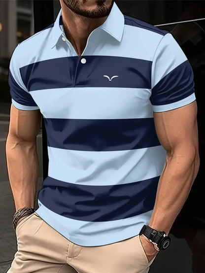 Men's Fashionable Summer Striped Casual Short Sleeved Shirt, Button Neck, Mixed Color Suitable for Golf or Casual Wear