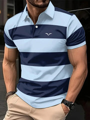 Men's Fashionable Summer Striped Casual Short Sleeved Shirt, Button Neck, Mixed Color Suitable for Golf or Casual Wear