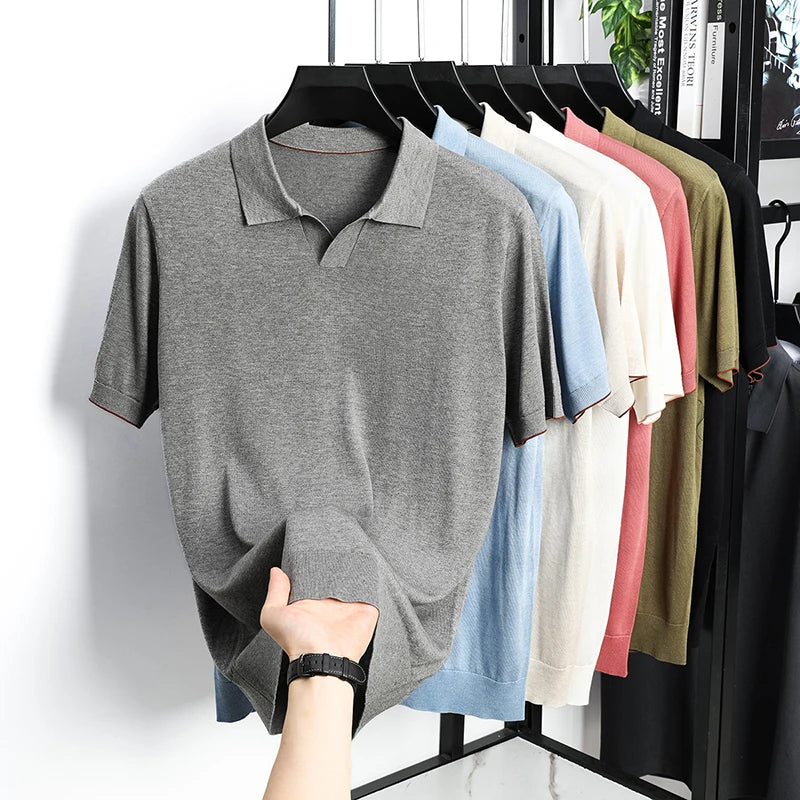 100% Lyocell malhas 2025 homens primavera verão na moda turn down collar malha camisetas manga curta respirável malha topos