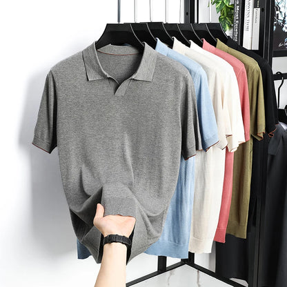 100% Lyocell malhas 2025 homens primavera verão na moda turn down collar malha camisetas manga curta respirável malha topos
