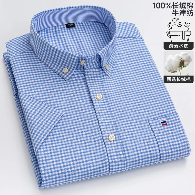 100% algodão puro oxford camisas masculinas manga curta xadrez macio regular ajuste formal vestido camisa blusa social roupas masculinas 6xl 7xl