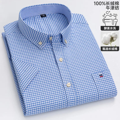 100% algodão puro oxford camisas masculinas manga curta xadrez macio regular ajuste formal vestido camisa blusa social roupas masculinas 6xl 7xl